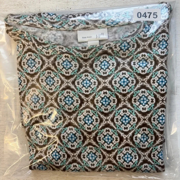 J Jill Love 100% Linen Tunic Blouse Blue Brown Printed M - Picture 7 of 7